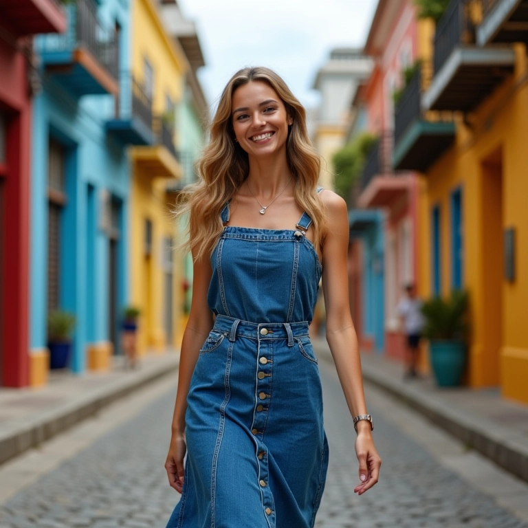 Mulher brasileira sorrindo em saia jeans longa andando em rua vibrante do Rio.