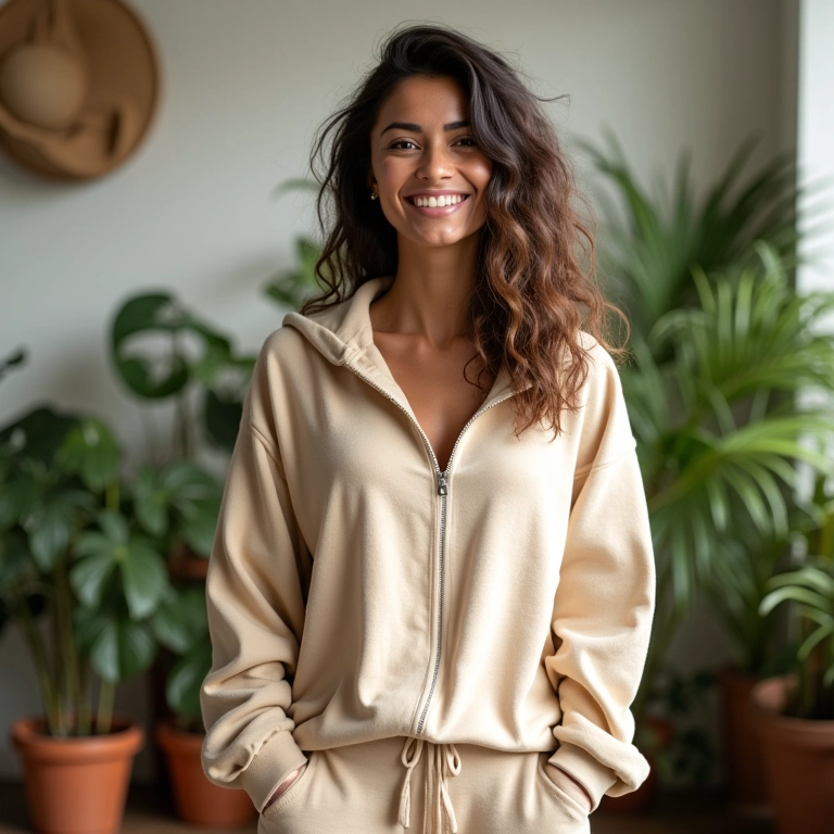Mulher brasileira sorrindo em um conjunto de moletom confortável em apartamento ensolarado no Rio de Janeiro.