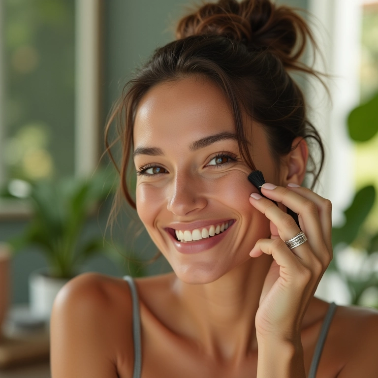 Mulher brasileira sorrindo enquanto aplica maquiagem natural em banheiro iluminado e cheio de plantas.