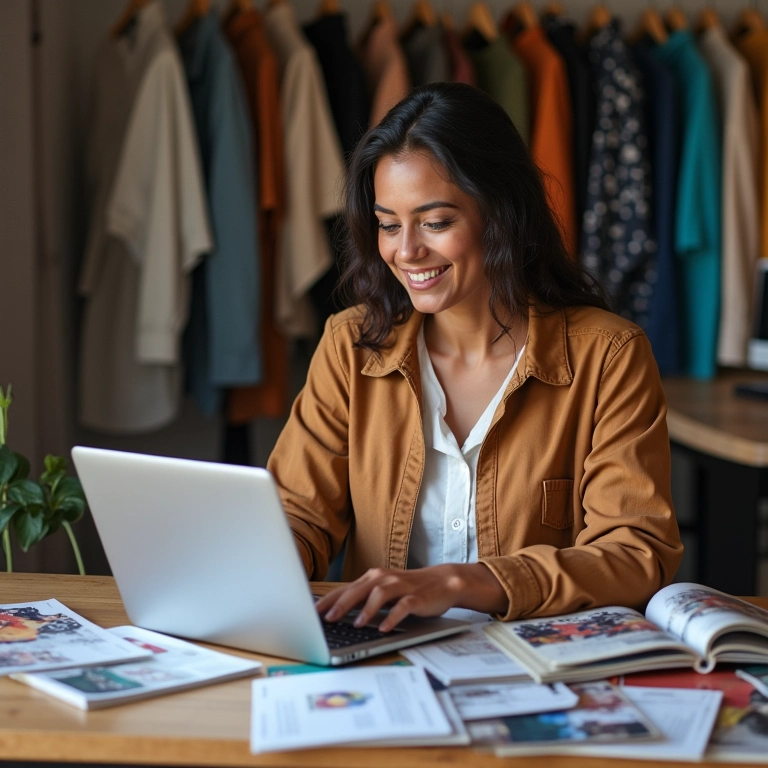Mulher brasileira sorrindo enquanto faz teste de estilo online em um laptop.
