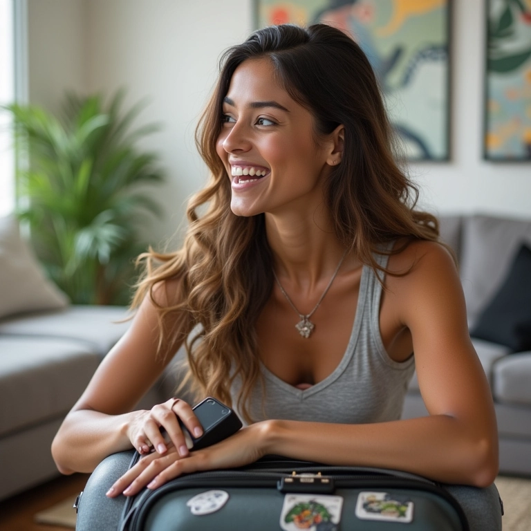 Mulher brasileira sorrindo enquanto organiza mala com acessórios de viagem.