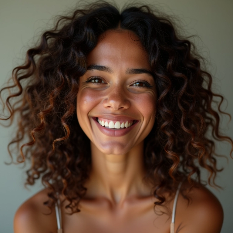 Mulher brasileira sorrindo, exibindo seus cabelos ondulados naturais com orgulho.