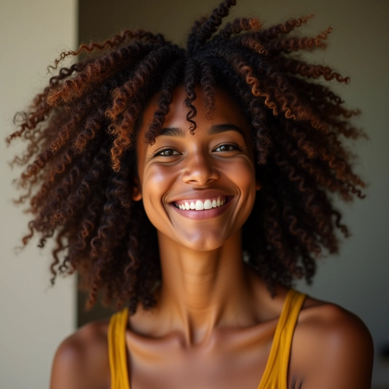 Mulher brasileira sorrindo, mostrando cabelos saudáveis e vibrantes após rotina de cuidados capilares.