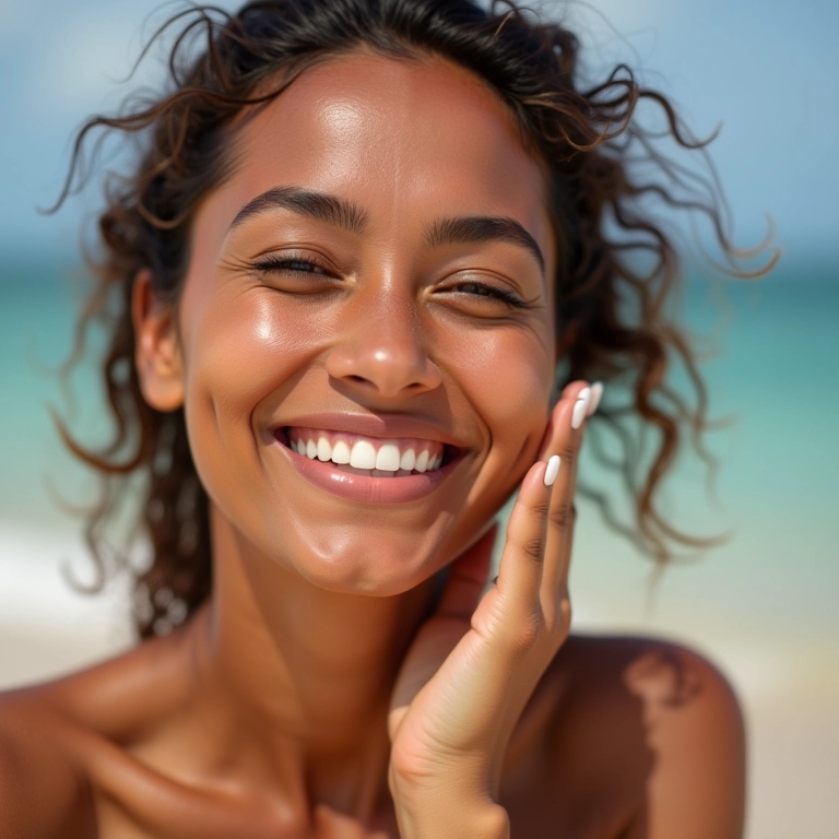 Mulher brasileira sorrindo na praia aplicando maquiagem natural à prova d'água.