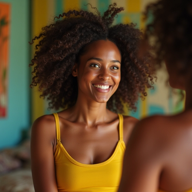 Mulher brasileira sorrindo para seu reflexo, irradiando autoestima e confiança.