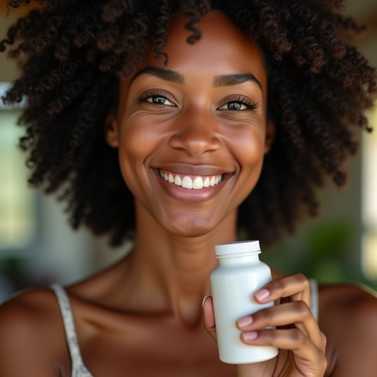 Mulher brasileira sorrindo, pele radiante, segurando suplemento de colágeno.
