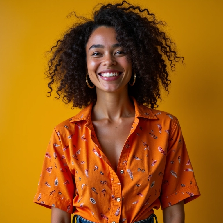 Mulher brasileira sorrindo usando diferentes blusas estilosas.