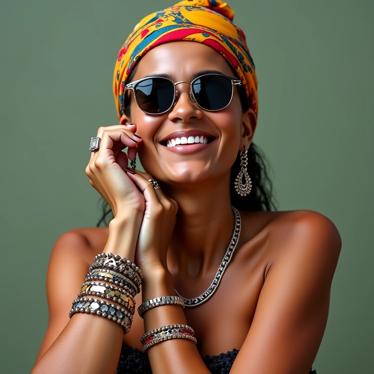 Mulher brasileira sorrindo usando diversos acessórios femininos estilosos.