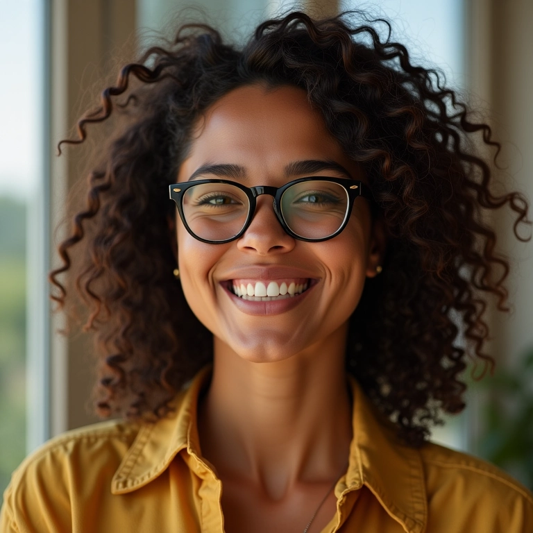 Mulher brasileira sorrindo usando óculos da moda, representando as tendências de 2025.