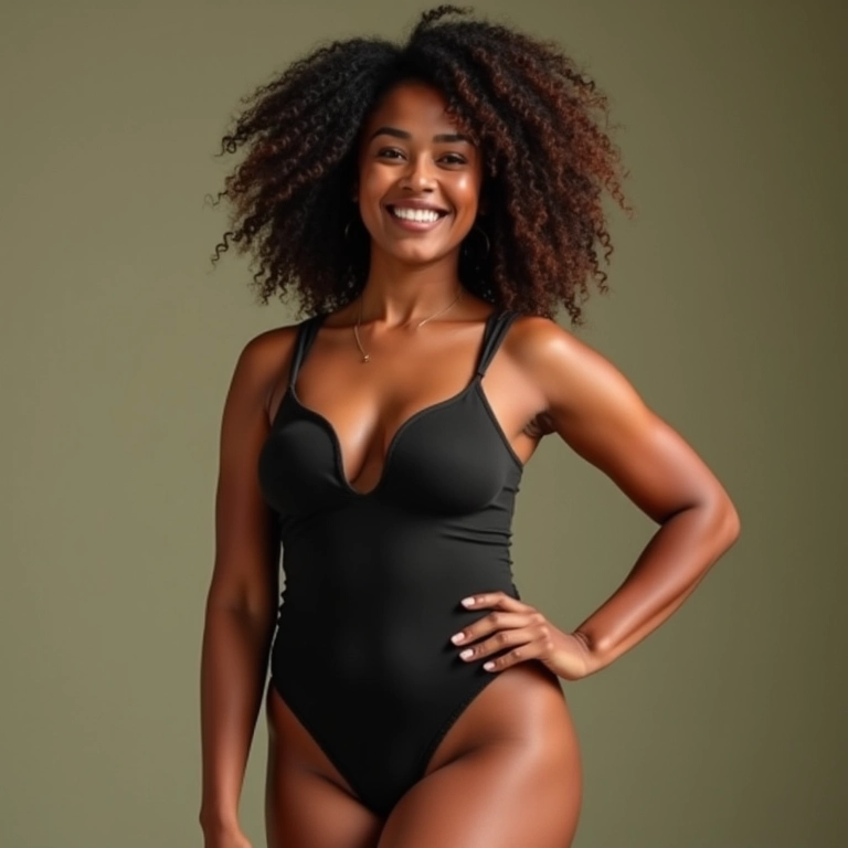 Mulher brasileira sorrindo vestindo body moderno e estiloso.