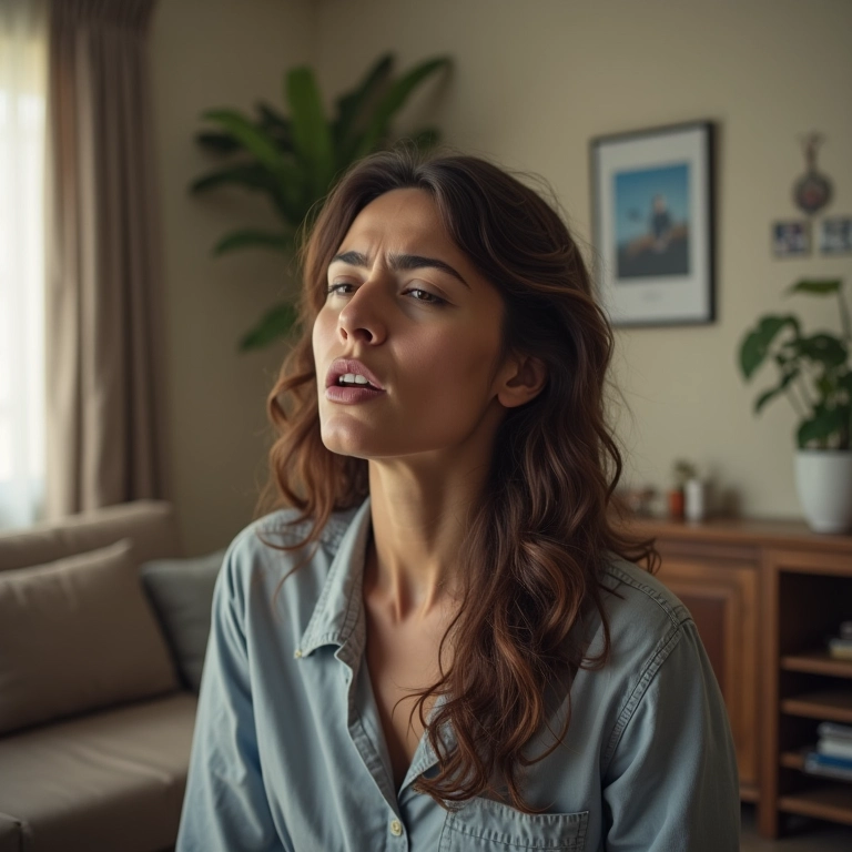 Mulher brasileira tossindo em ambiente com sinais de mofo.