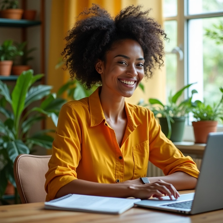 Mulher brasileira trabalhando em home office estiloso e confortável.
