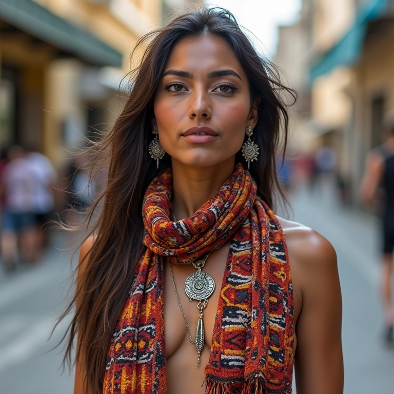 Mulher brasileira usando acessórios de inspiração indígena em look casual.