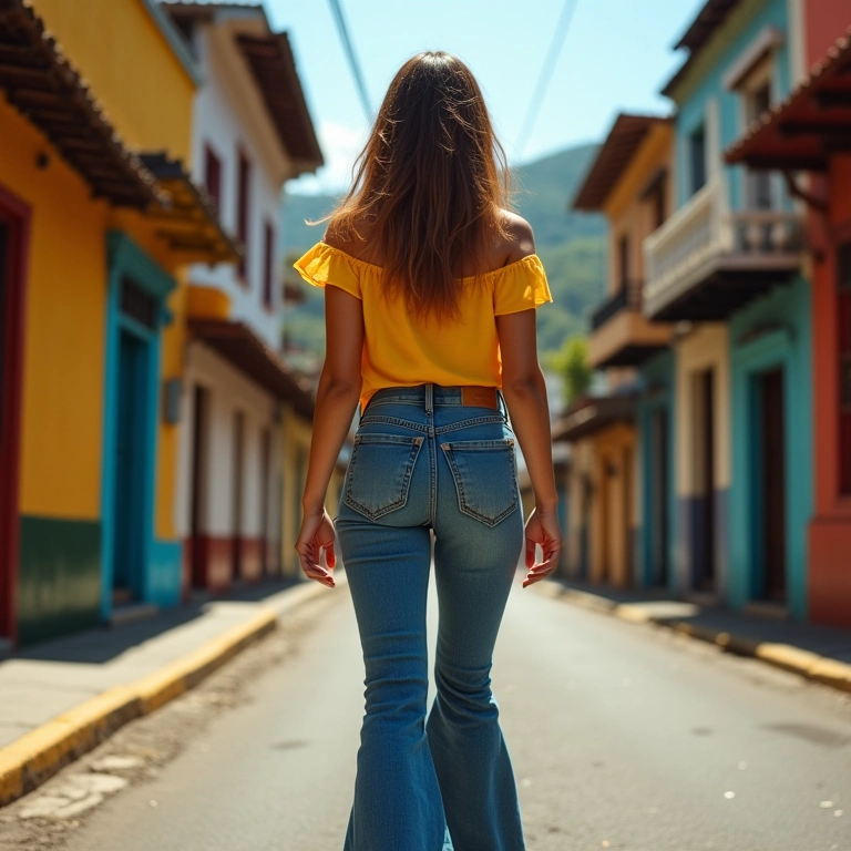 Mulher brasileira usando calça flare e blusa estampada em rua do Rio.
