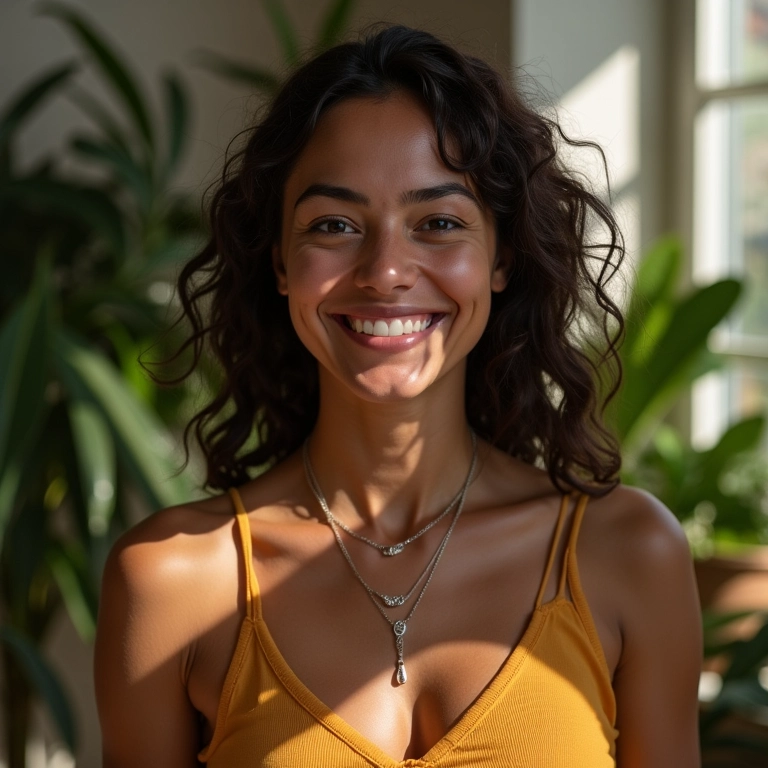 Mulher brasileira usando colares de gêmeos, representando o signo de Gêmeos.