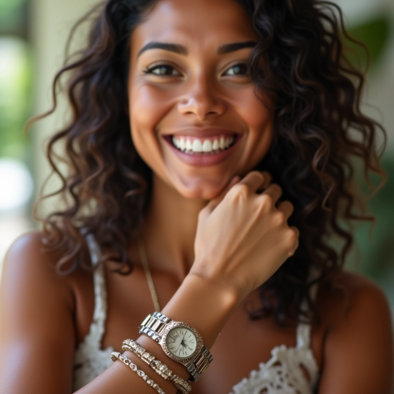 Mulher brasileira usando pulseiras estilosas e um relógio, exibindo acessórios de pulso.