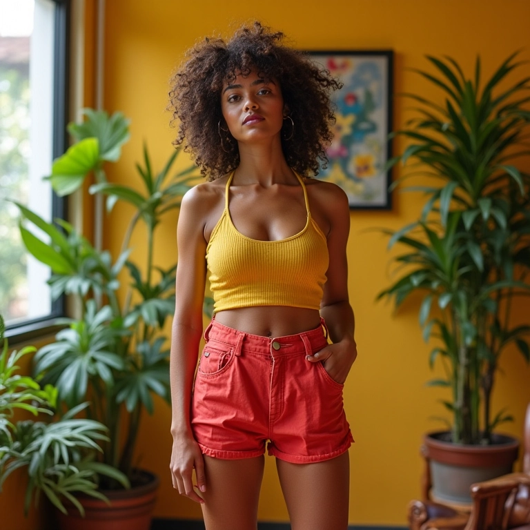 Mulher brasileira vestindo calça pantacourt em apartamento estiloso.