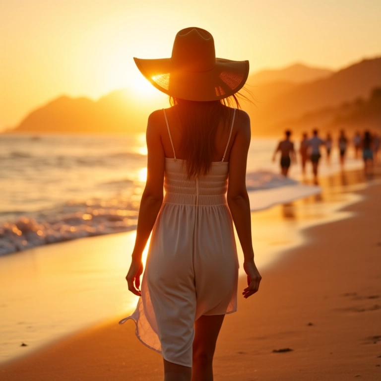 Mulher brasileira vestindo conjunto de linho na praia de Ipanema ao pôr do sol.