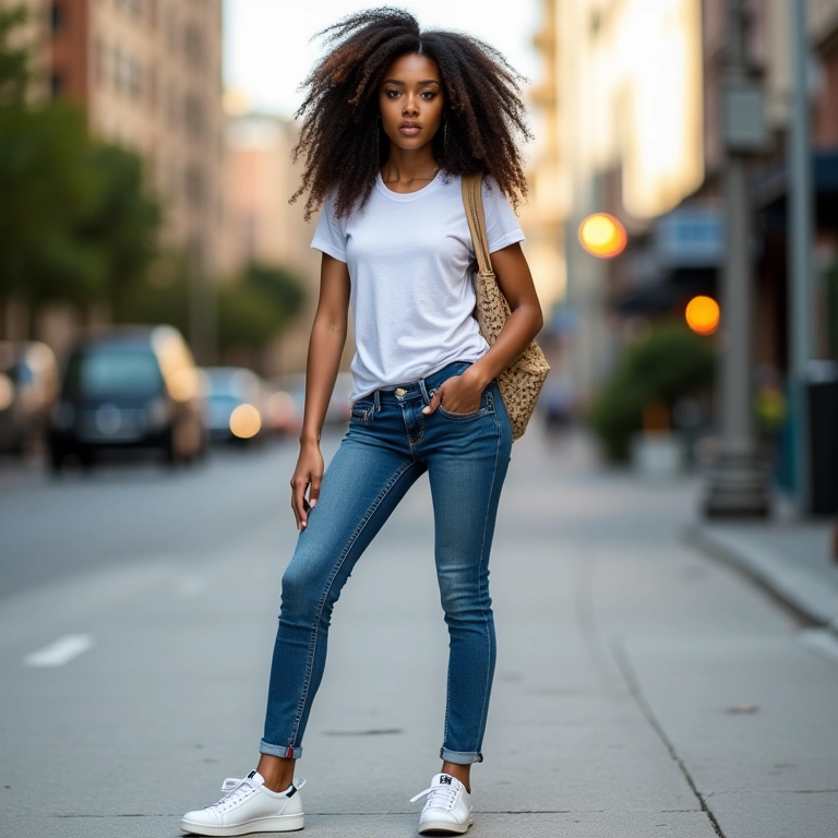 Mulher brasileira vestindo look casual estiloso com jeans, camiseta branca e tênis em ambiente urbano.