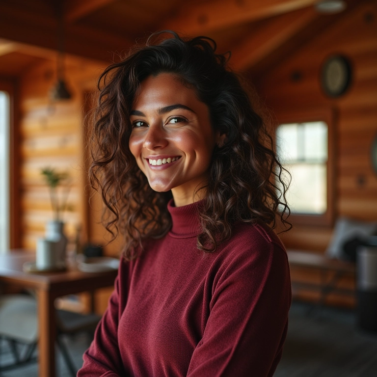 Mulher brasileira vestindo segunda pele térmica em cabana aconchegante no Canadá.