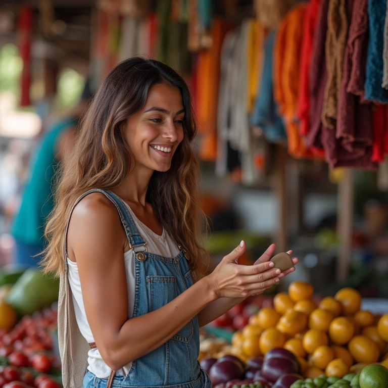 Mulher brasileira viajando e usando mímica para se comunicar em mercado estrangeiro.