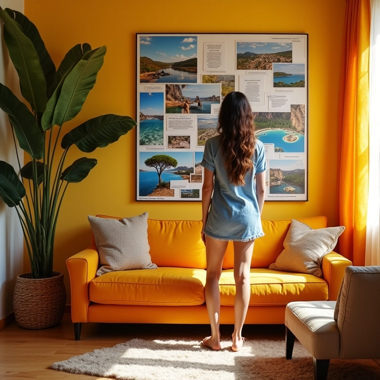 Mulher brasileira visualizando seus sonhos em casa com quadro de visualização.