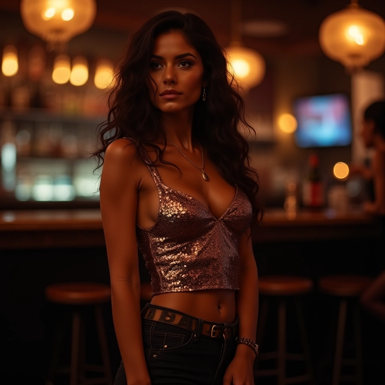 Mulher bronzeada com calça flare e camisa de paetês em um bar de coquetéis.