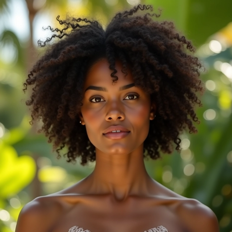 Mulher cacheada com short bob definido em ambiente tropical.