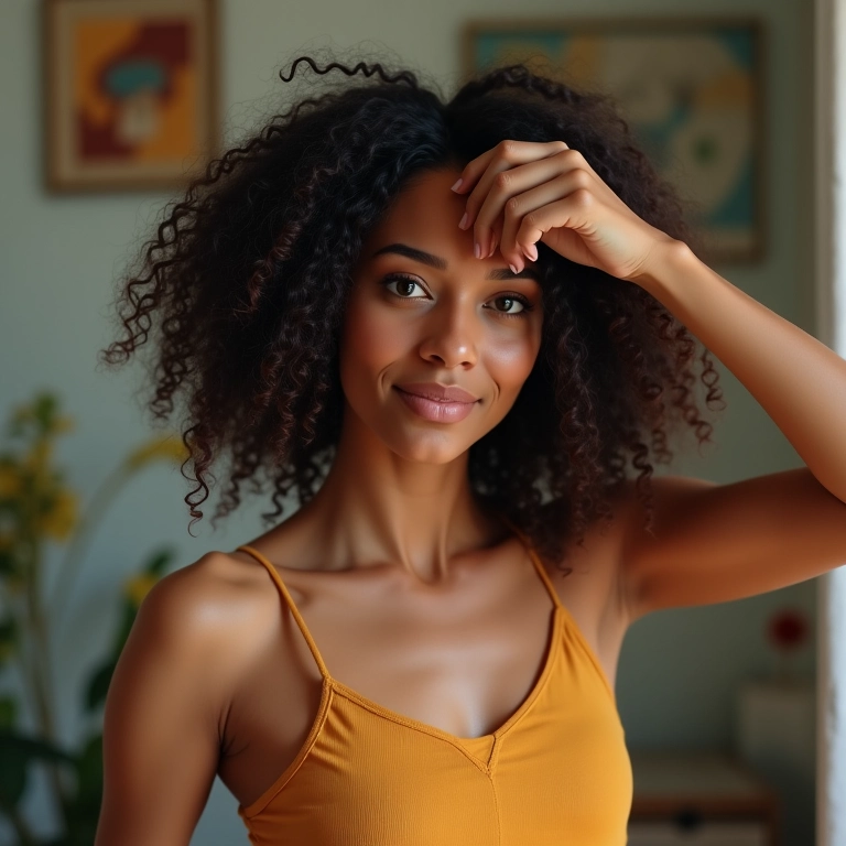 Mulher cacheada fazendo dedoliss passo a passo.