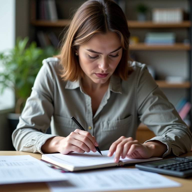 Mulher calculando custos de materiais, com caderno e calculadora em uma mesa organizada.
