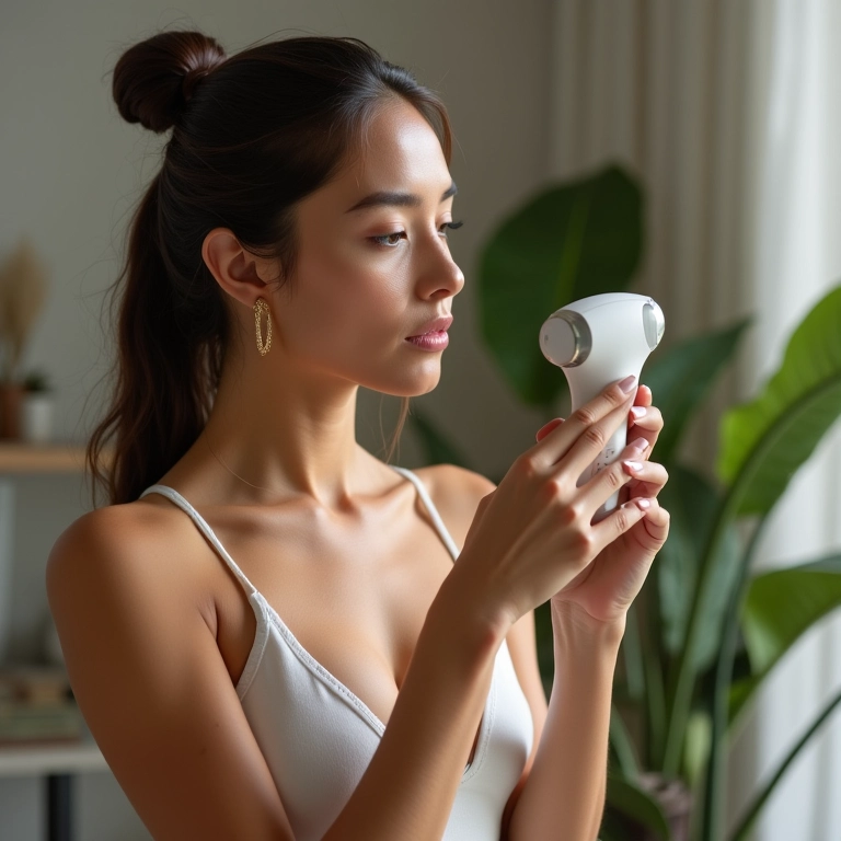 Mulher calculando o custo-benefício a longo prazo de um gadget de beleza.