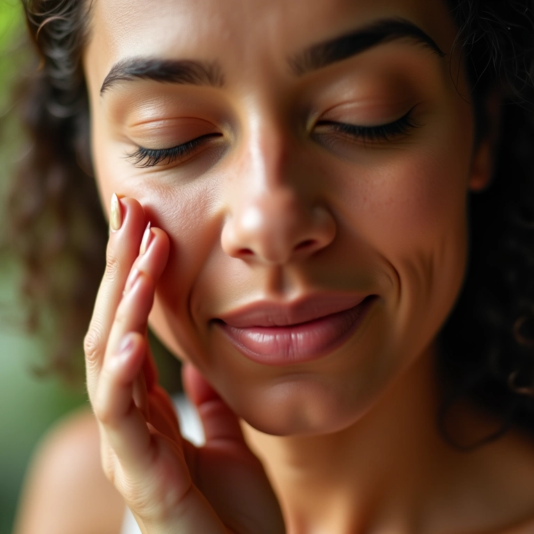 Mulher calma aplicando óleo de semente de uva, efeito anti-inflamatório.