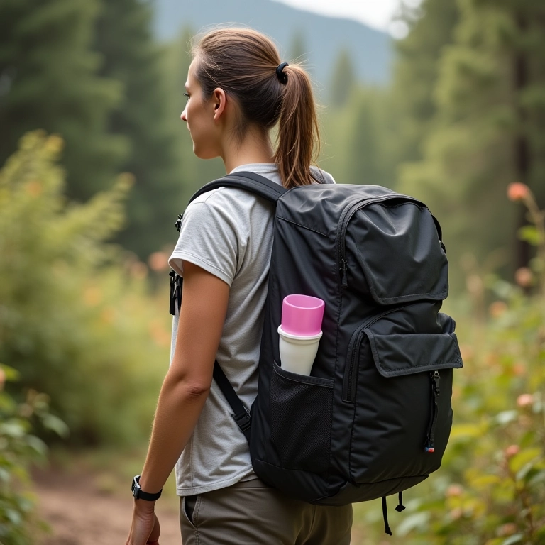 Mulher caminhando com coletor menstrual no bolso.