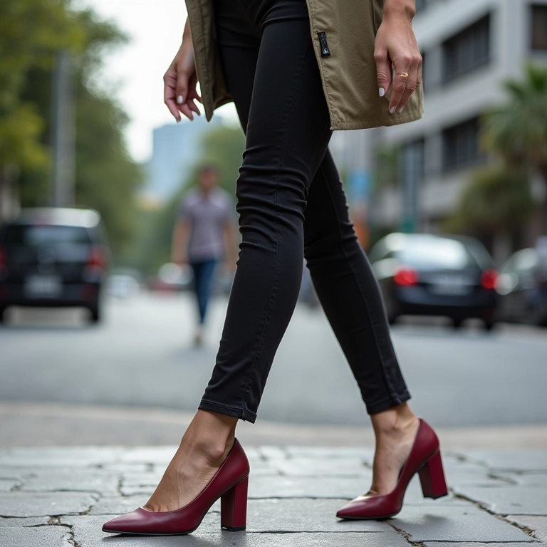 Mulher caminhando com salto bloco de altura baixa.