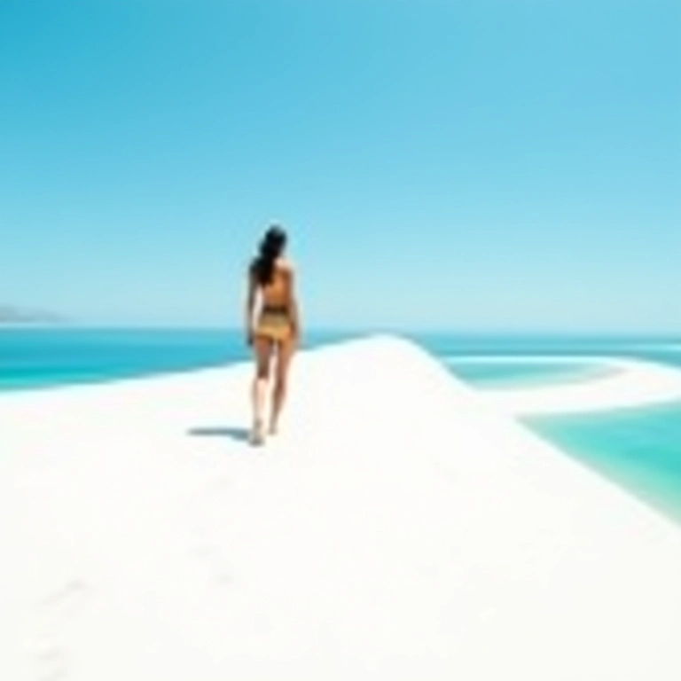 Mulher caminhando descalça nas dunas brancas dos Lençóis Maranhenses, Maranhão.