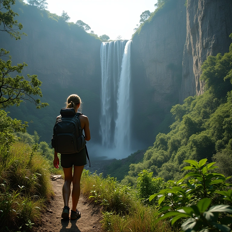 Mulher caminhando na Chapada dos Veadeiros, Goiás, com cachoeira majestosa ao fundo.