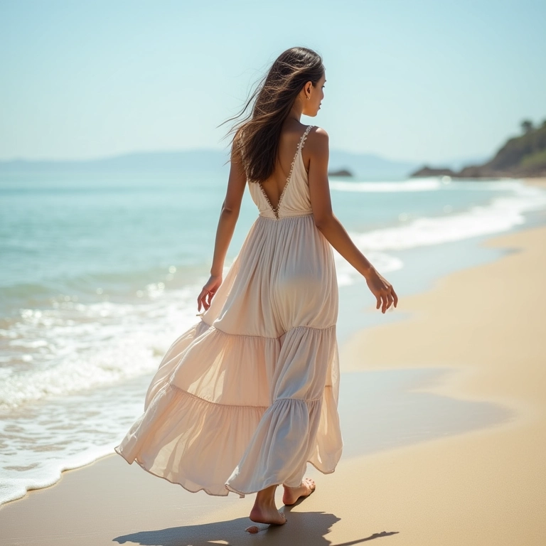 Mulher caminhando na praia com um longo vestido com babados.