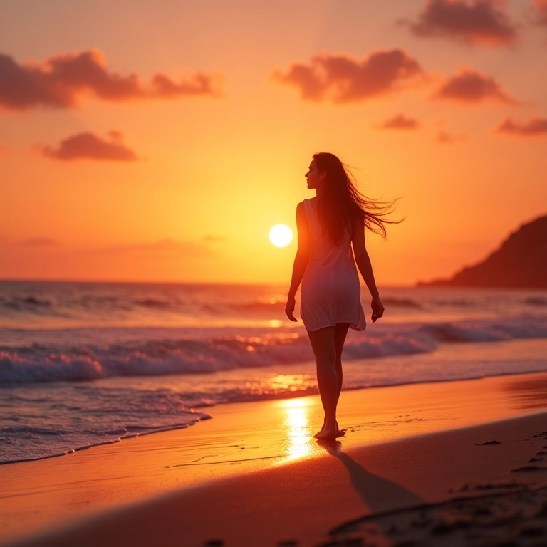 Mulher caminhando na Praia do Rosa ao pôr do sol, Santa Catarina.