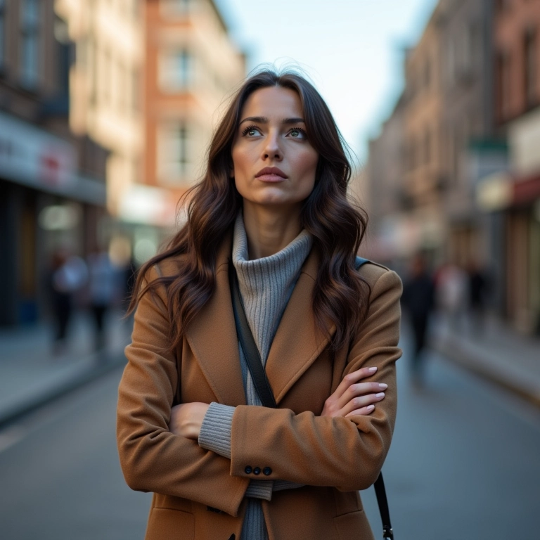 Mulher caminhando na rua, pensativa, confiando em seus instintos sobre uma situação.
