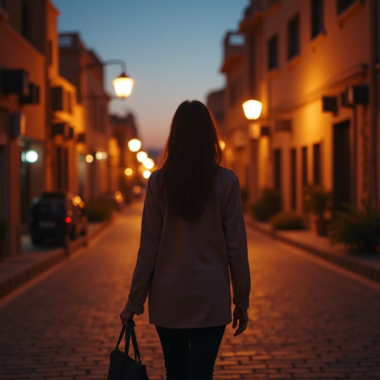 Mulher caminhando sozinha em rua iluminada no Egito ao entardecer, representando independência e segurança.