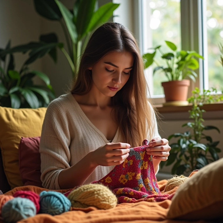 Mulher canhota crochetando em sala colorida.