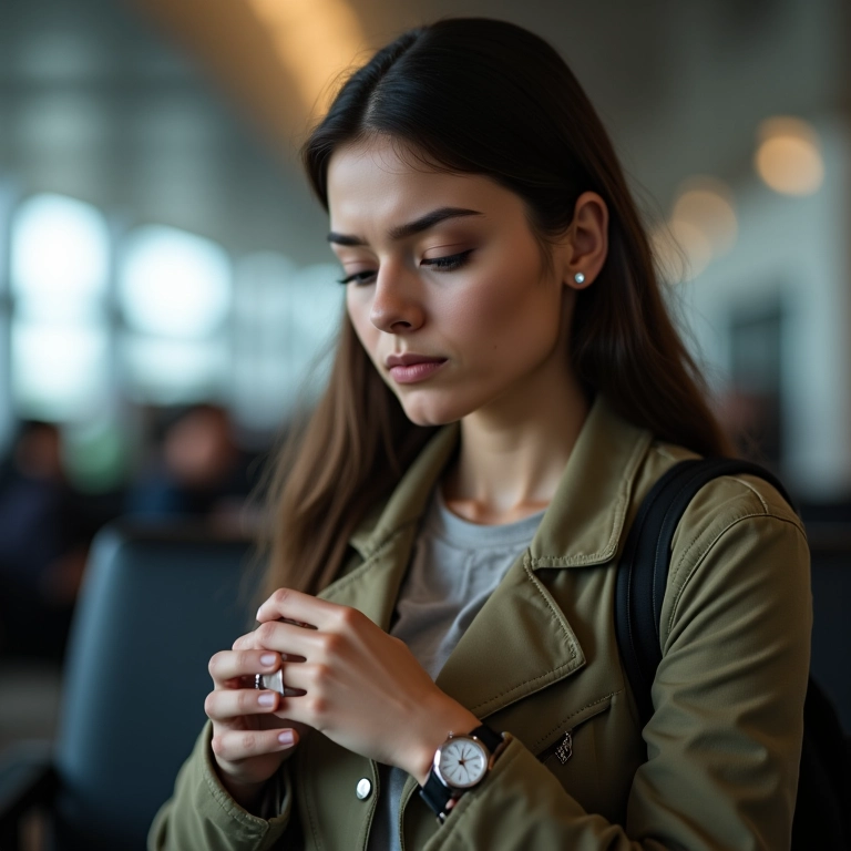 Mulher cansada olhando para o relógio em sala de embarque.