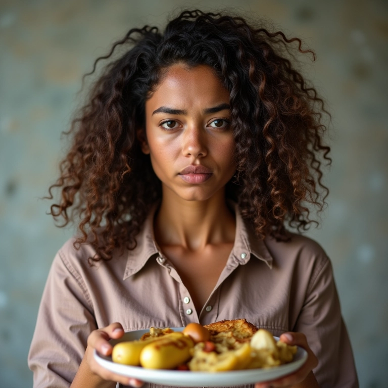 Mulher cansada segurando prato com comida não saudável.