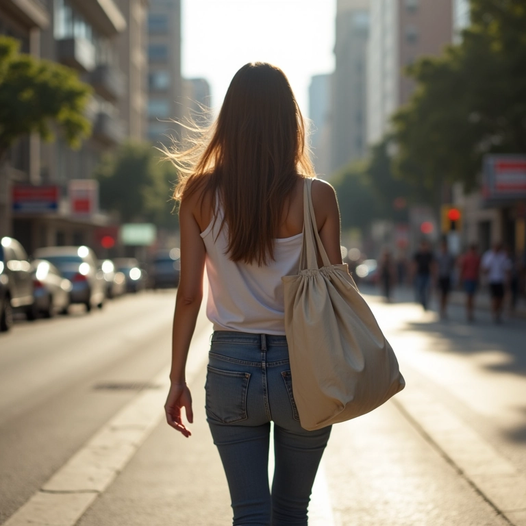 Mulher carregando bolsa tote em rua da cidade.