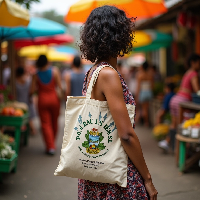 Mulher carregando ecobag personalizada em mercado brasileiro vibrante, moda sustentável.