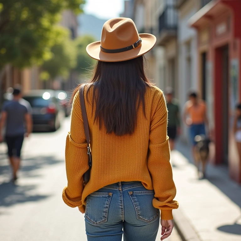 Mulher casual com chapéu bowler caminhando em rua ensolarada do Rio.