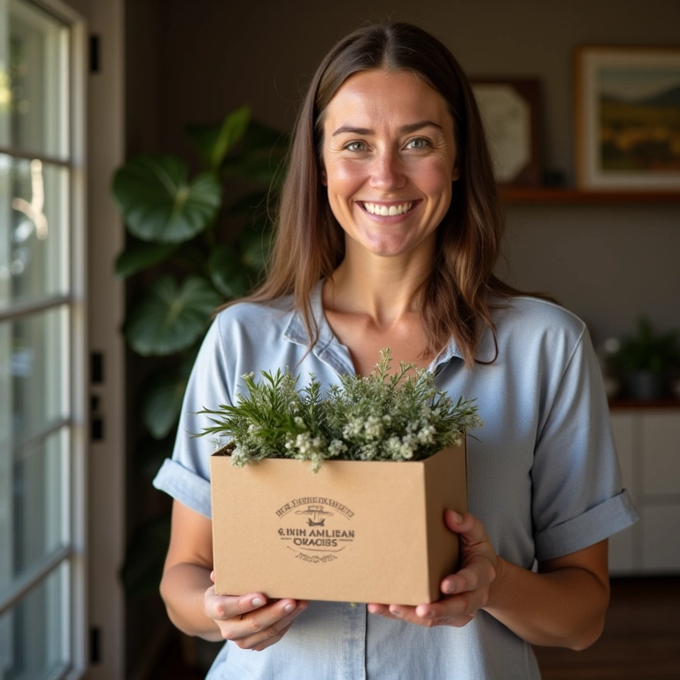 Mulher cega sorrindo, segurando caixa de presentes artesanais para deficientes visuais.