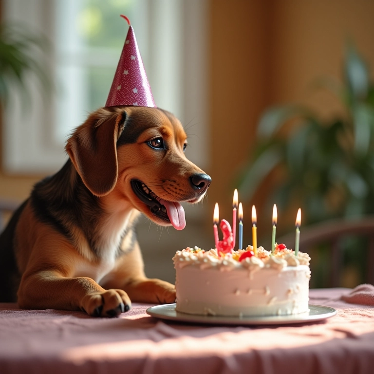 Mulher celebrando o aniversário de um cão com um bolo pequeno e chapéus de festa.
