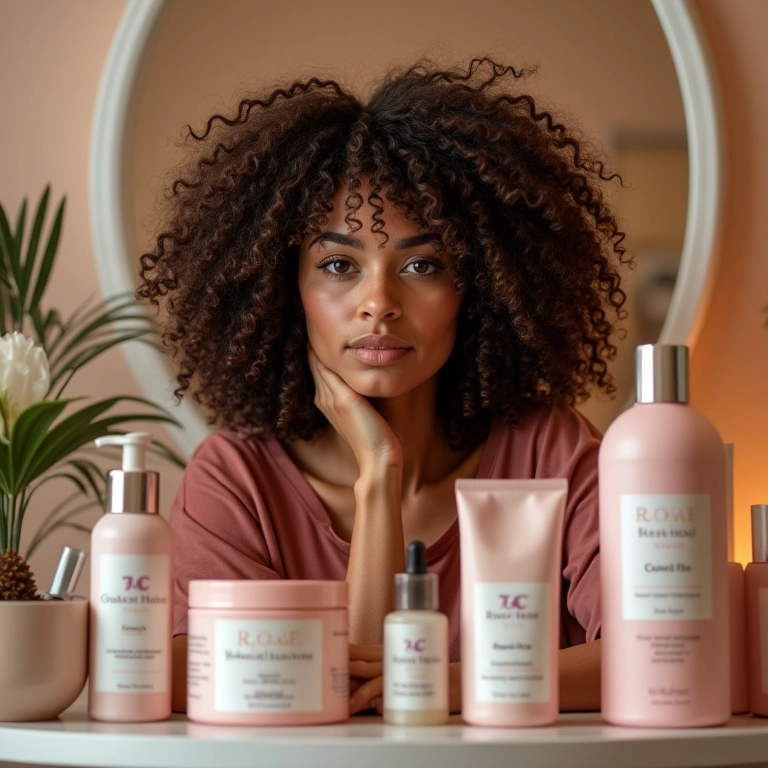 Mulher cercada por seus produtos favoritos para definir os cachos tipo 3c.