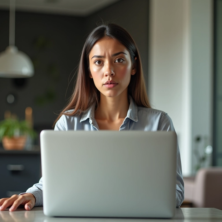Mulher cética olhando para calculadora gestacional online.